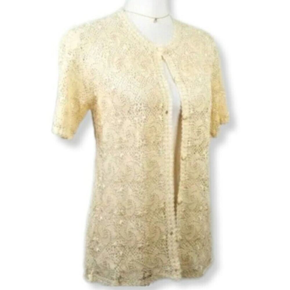 Women Vintage 50s 60s Crochet Cardigan Cream Hand Made M Boho Delicate Twee NEW